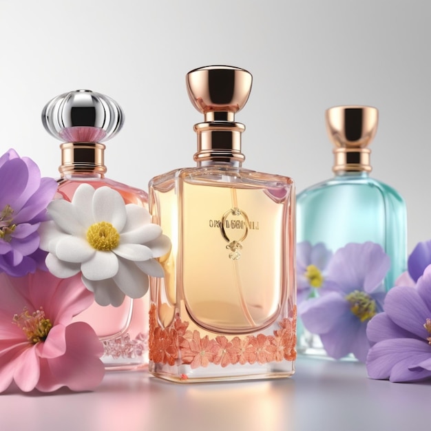 PSD three bottles of perfume with flowers and the word hotel on them