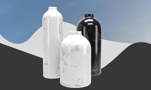 Three bottles with black and white marble on the top.