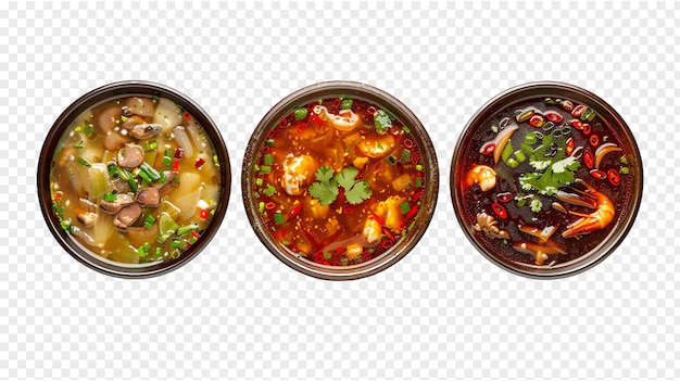 PSD three bowls of food with different types of vegetables and the word soup