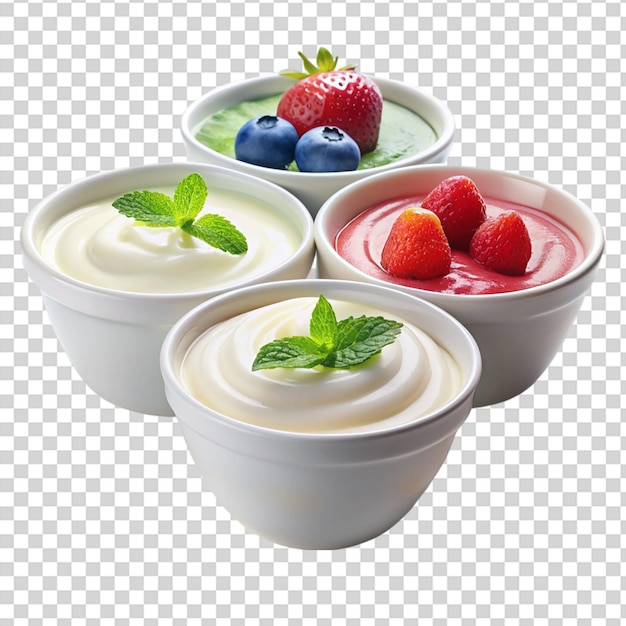 PSD three bowls of fruit yogurt with berries and mint leaves on top on transparent background