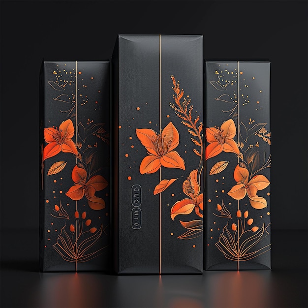 three boxes of black boxes with orange flowers and leaves on them