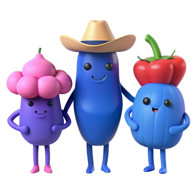 PSD three characters with a cowboy hat and a couple of pom pom