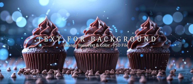 Three Chocolate Cupcakes with Blue Bokeh Background