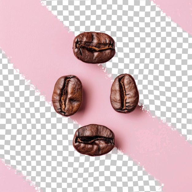 three coffee beans are on a pink and white background