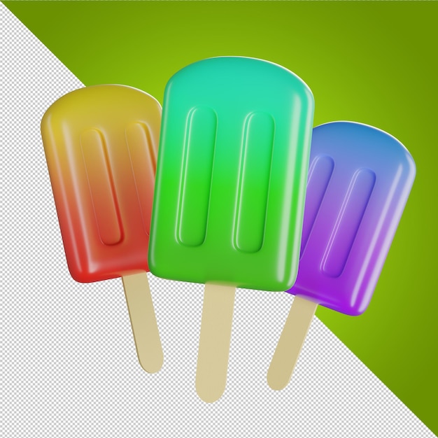 Three colored ice creams on stick Assorted ice cream with fruits on wooden stick Green purple red Frozen juice Summer cold dessert Popsicles Ice cream icon 3d illustration 3d render