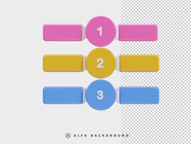 PSD three colorful buttons with the number of 1 2 and 3 on them