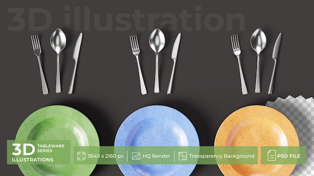 PSD three colorful dinner plates and three sets of cutlery on a dark surface