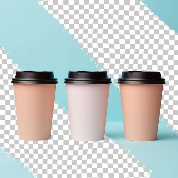 Three colorful liquid drinkware cups with black lids on a transparent