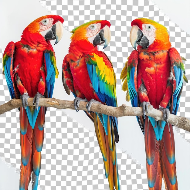 PSD three colorful parrots on a branch with a white background