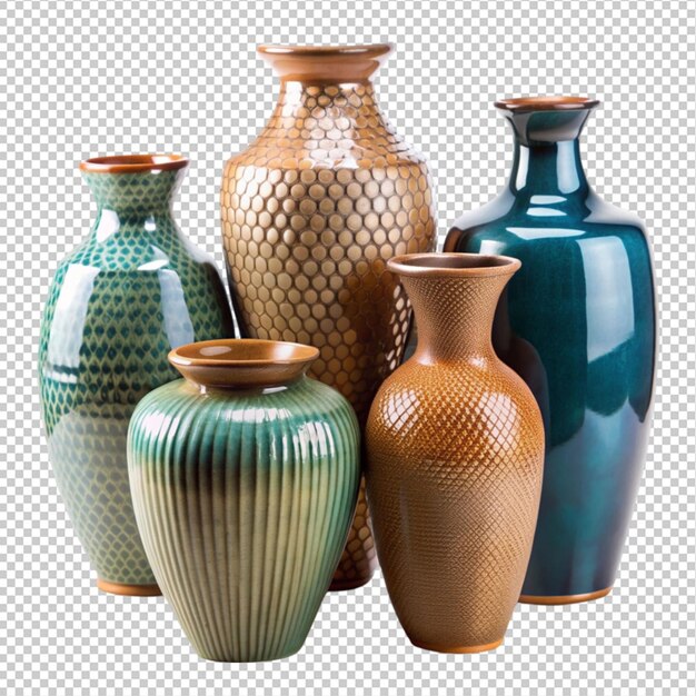 PSD three colorful vases are on a white surface with a blue background