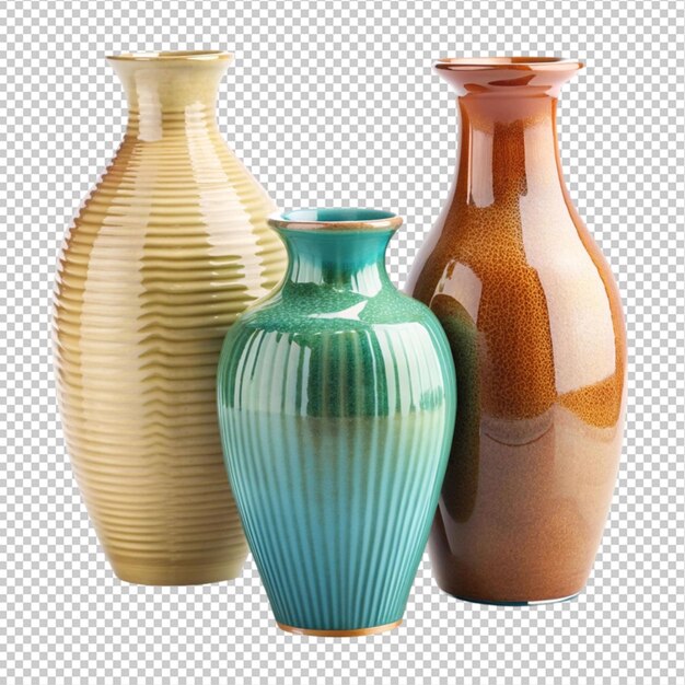 PSD three colorful vases are on a white surface with a blue background