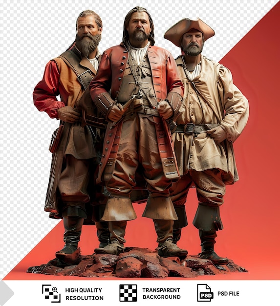 PSD three courageous pirates standing on rocks against a transparent background