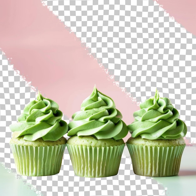 three cupcakes with green frosting and a pink background with a pink background