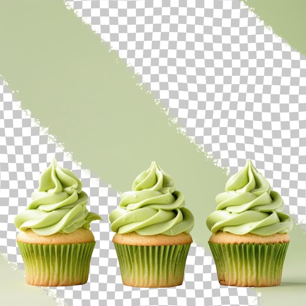 three cupcakes with green icing and a white background with a green design