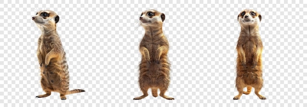 Three Curious Meerkats Standing on Hind Legs in Transparent Background