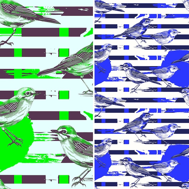 three different colored birds are shown in the picture