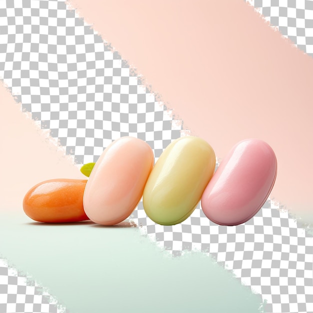 three different colored candies are on a white and pink background.