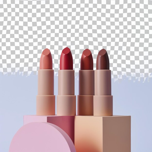 PSD three different colored lipsticks are stacked on a box