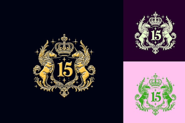 three different crests with the words quot the number 15 quot on the top