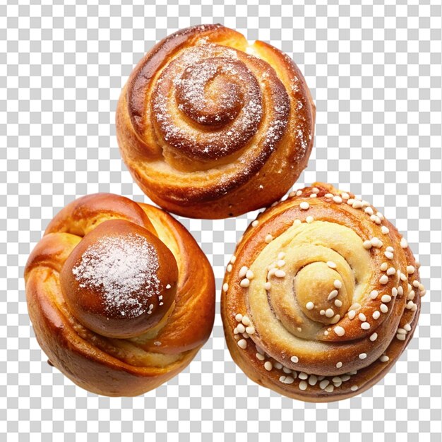 PSD three different sweet buns top view isolated on transparent background