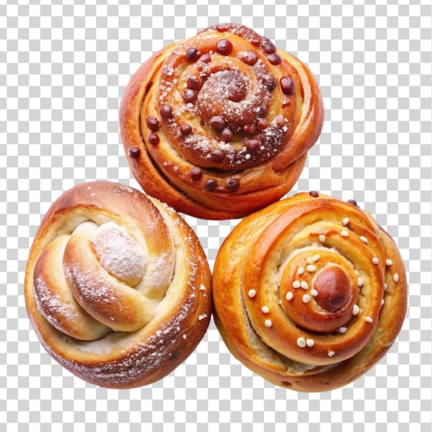 PSD three different sweet buns top view isolated on transparent background