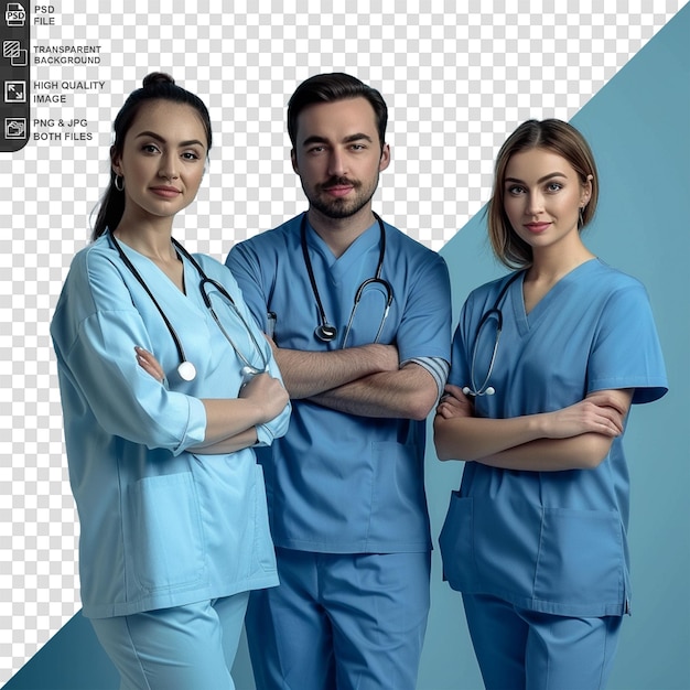 Three doctors stand on transparent background