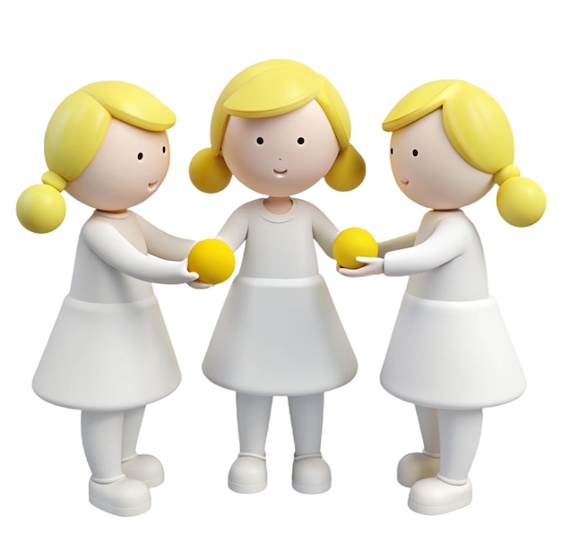 PSD three dolls with one of them holding a yellow ball