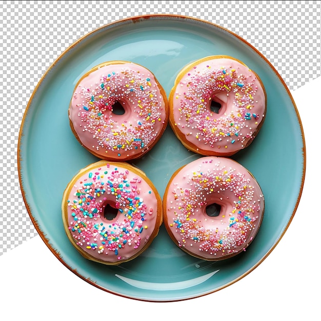 PSD three donuts with pink frosting and sprinkles on a plate