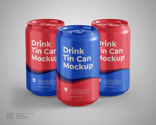 Three drink tin can mockup