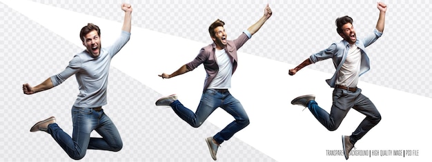 Three energetic men jumping in excitement on transparent background