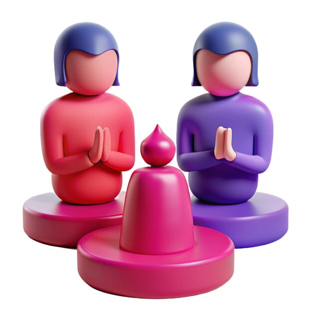 three figurines with one wearing a purple top and one blue and the other with a red one on the other