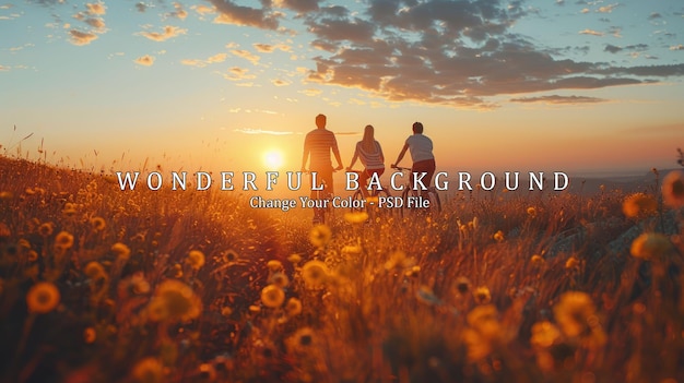 PSD three friends biking at sunset on a field