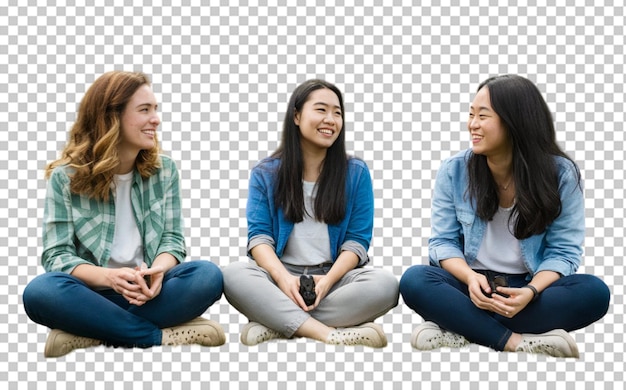 PSD three friends sitting crosslegged chatting and smiling