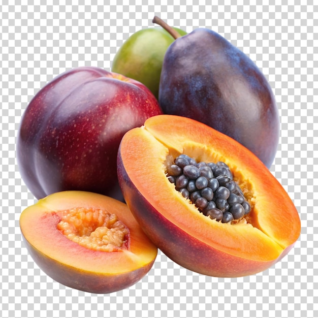 Three fruits cut open and displayed on transparent background