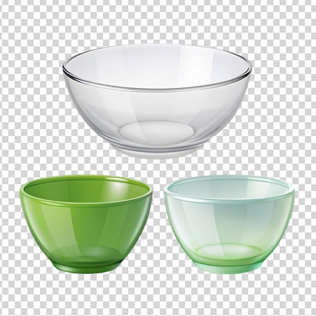 Three glass bowls of different colors are placed on transparent background