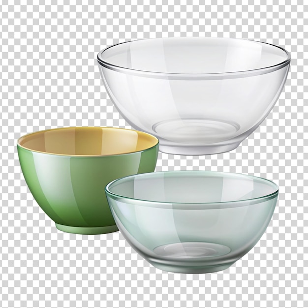 Three glass bowls of different colors are placed on transparent background