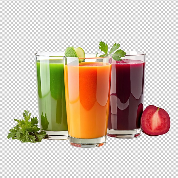 three glass of colorful organic vegan vegetable juice