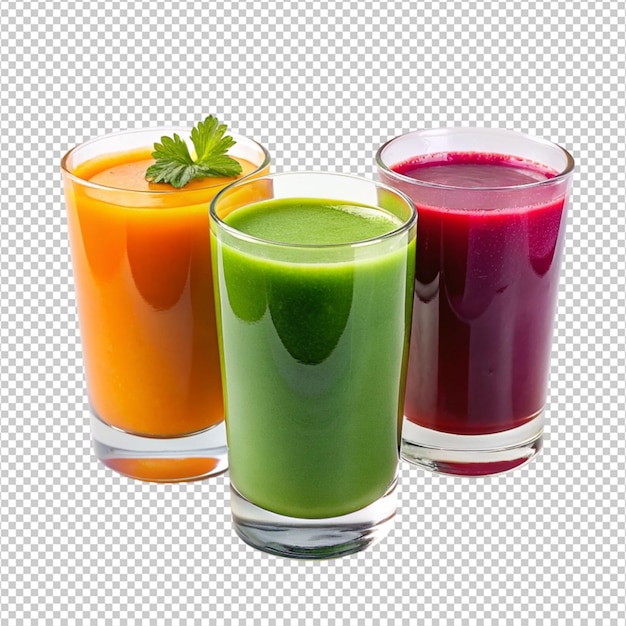 three glass of colorful organic vegan vegetable juice