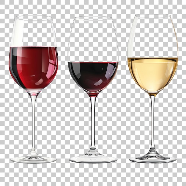 Three glasses of red and white wine isolated on transparent background