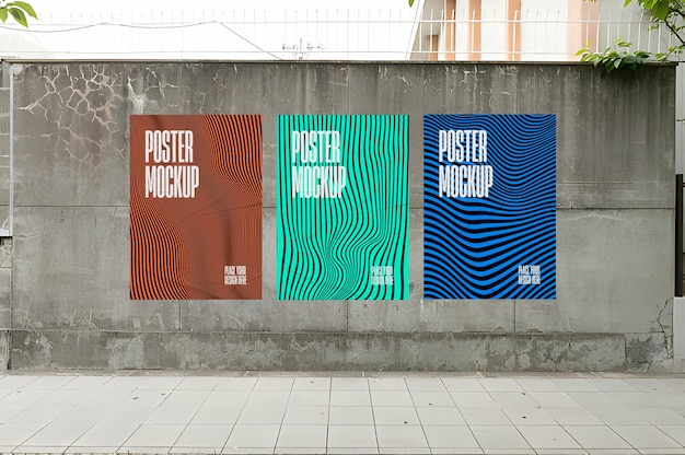 Three Glued Posters Mockup PSD