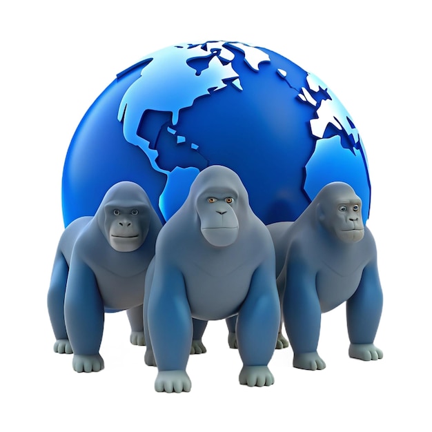 three gorillas standing in front of a globe