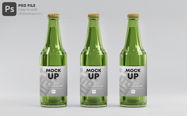 Three Green Glass Beer Bottle MockUp Template Blank 3D Render