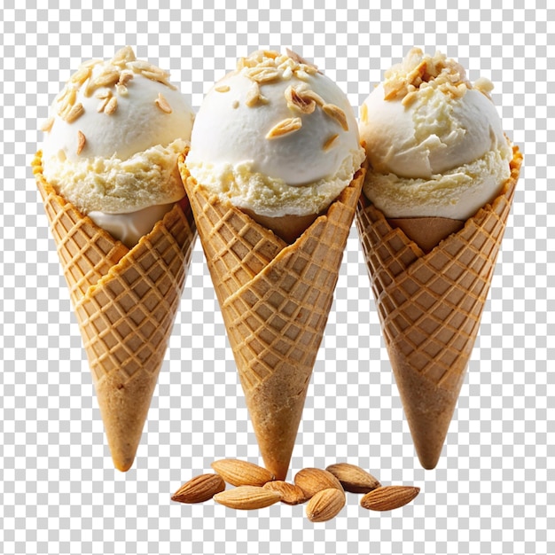 Three ice cream cones with different flavors on transparent background