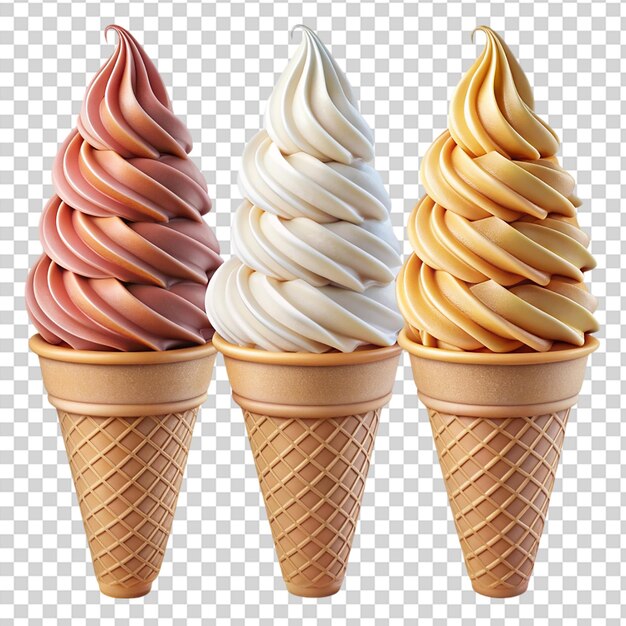 PSD three ice cream cones with different flavors on transparent background