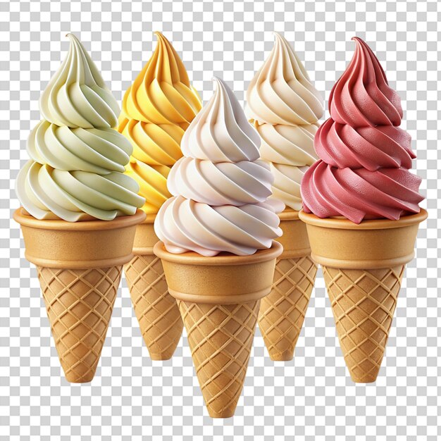 PSD three ice cream cones with different flavors on transparent background