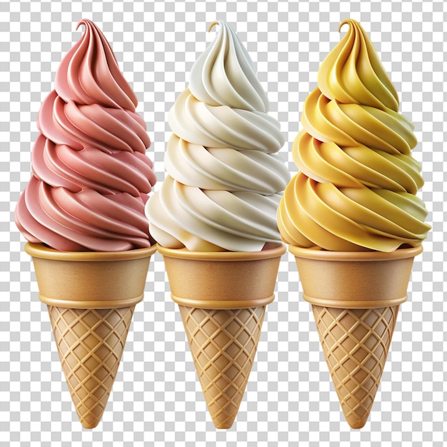 PSD three ice cream cones with different flavors on transparent background