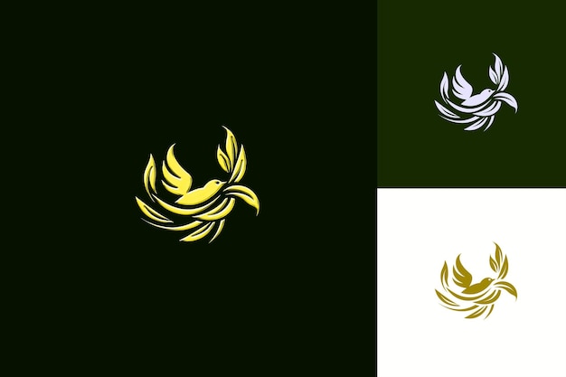 PSD three images of a bird and a gold leaf on a black background