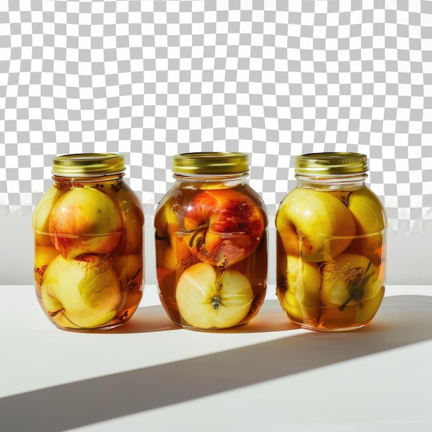 PSD three jars of pickles sit on a white table with a checkered background