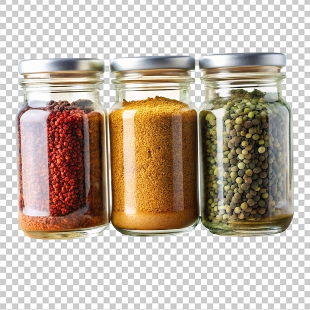 three jars of spices are on the shelf in the kitchen png