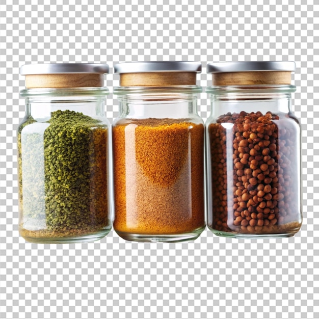 three jars of spices are on the shelf in the kitchen png